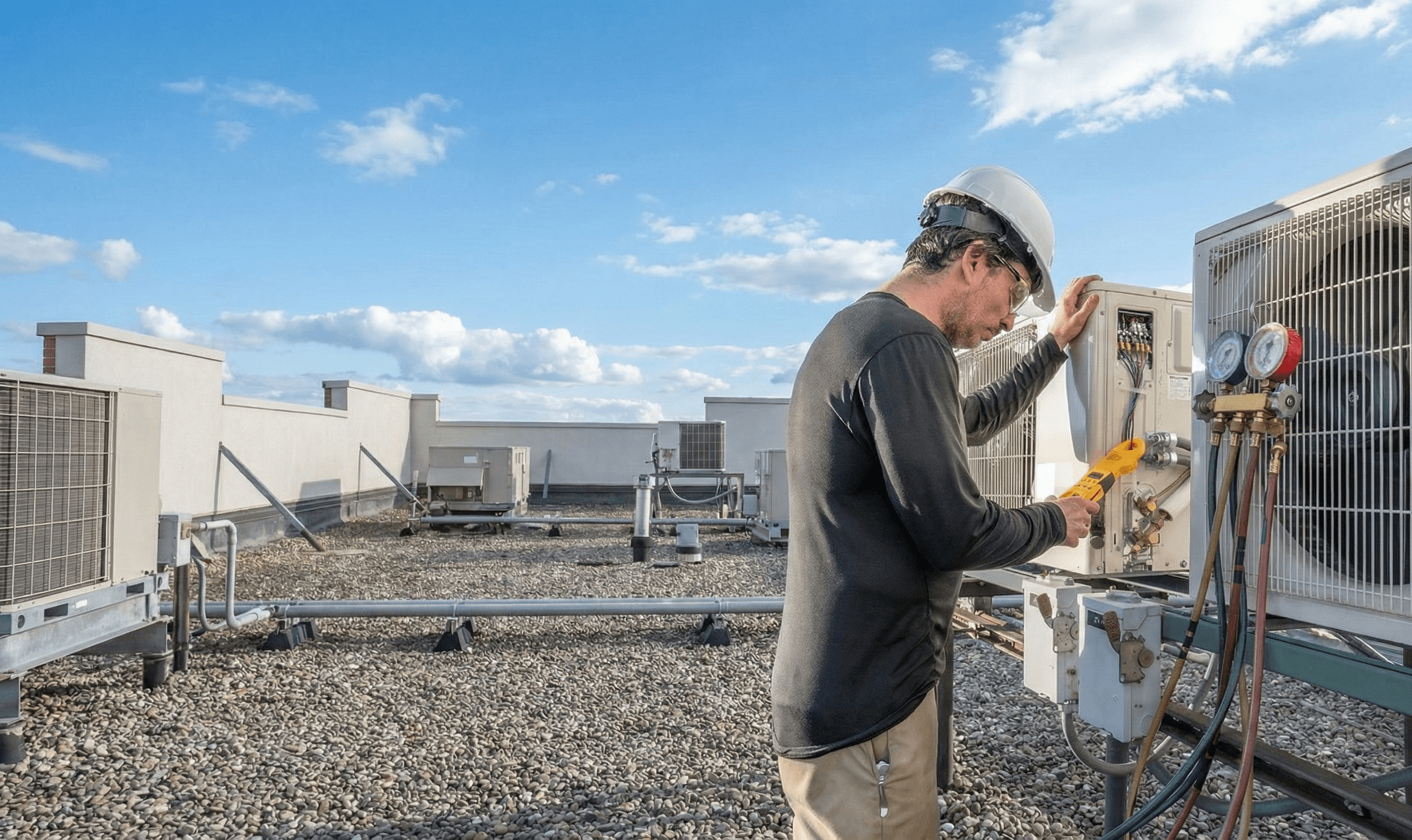 Field service technician on rooftop HVAC equipment